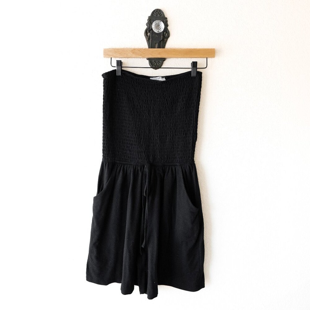 Black Strapless Smocked Romper with Pockets